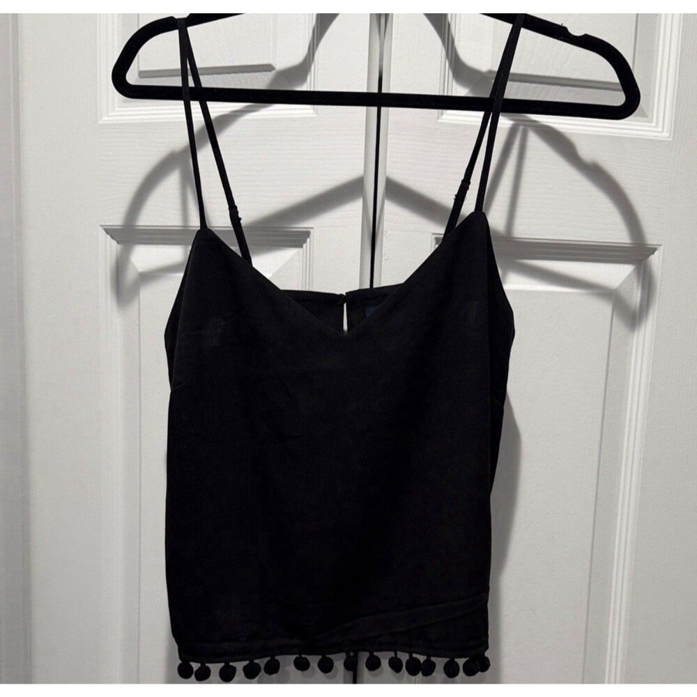 French Connection Y2K 90s Coquette Cami Top S Black Feminine V-Neck Pom-Pom NWT